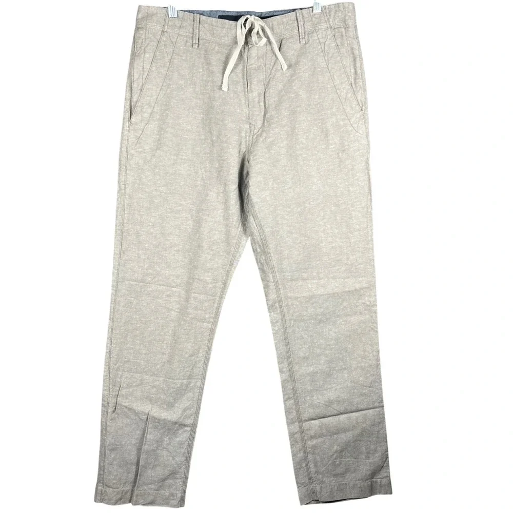 Banana Republic Straight Fit Pants Mens 35/32 Tan Linen Blend Drawstring Casual